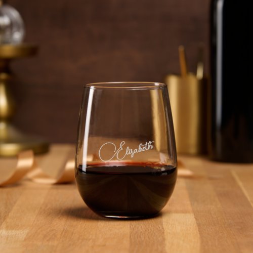 Chic Elegant Calligraphy Script Monogrammed Etched Stemless Wine Glass