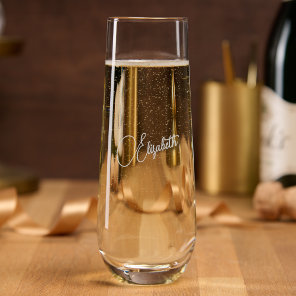 Chic Elegant Calligraphy Script Monogrammed Mimosa Stemless Champagne Flute