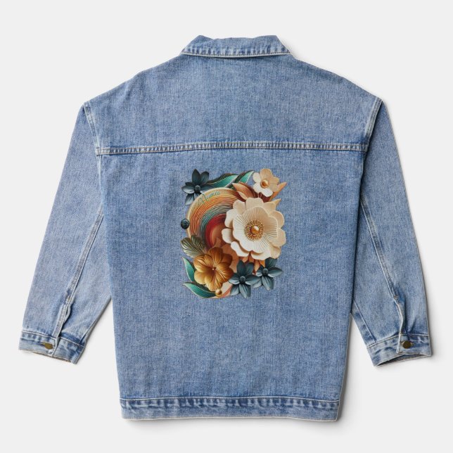 Chic, Elegant Creams & leather flower texture look Denim Jacket (Back)