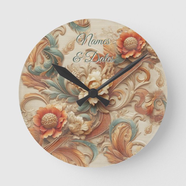 Chic,Elegant Creams & leather flower texture look Round Clock (Front)
