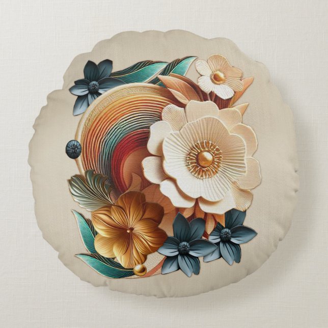 Chic, Elegant Creams & leather flower texture look Round Pillow (Front)