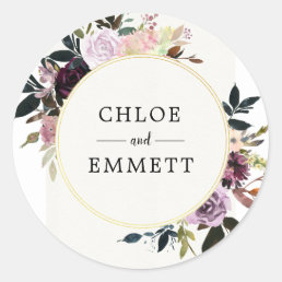 Chic Elegant Custom Pink Purple Floral Wedding Classic Round Sticker