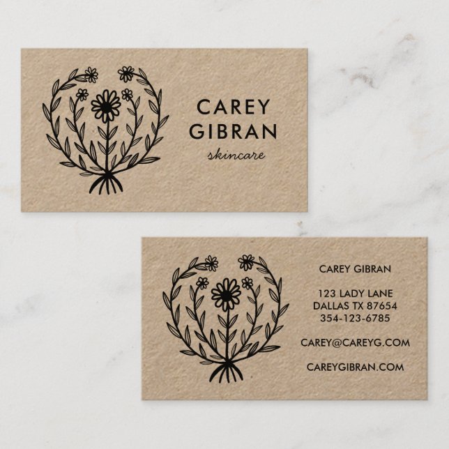 Chic Elegant Daisy Line Drawing CUSTOM Logo Kraft Business Card (Front/Back)