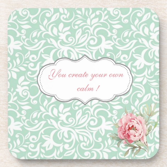 Chic Elegant  Damask, Roses,Motivational Message Beverage Coaster (Front)