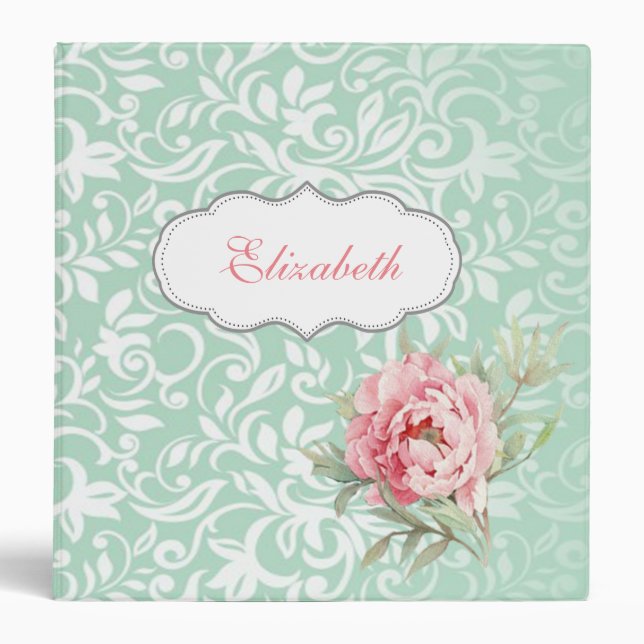 Chic Elegant  Damask, Roses,Personalized Binder (Front)