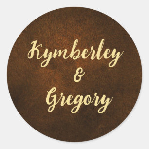 Chic Elegant Dark Brown Textured Gold Accent Classic Round Sticker