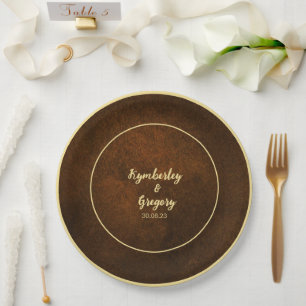 Chic Elegant Dark Brown Textured Gold Accent  Paper Plates