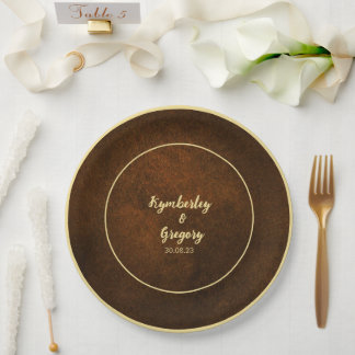 Chic Elegant Dark Brown Textured Gold Accent  Paper Plates