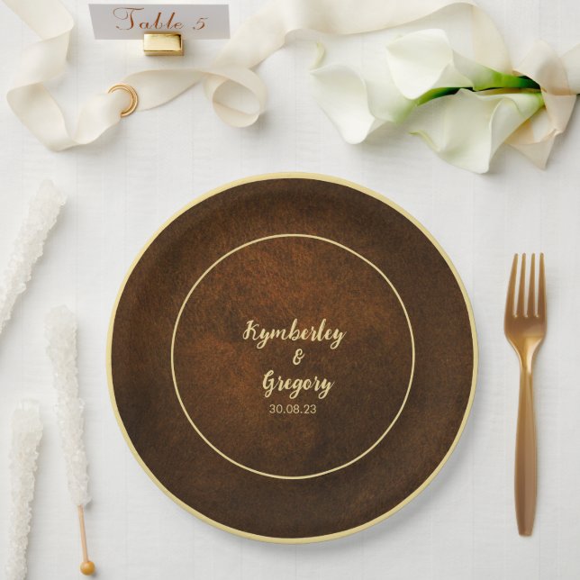 Chic Elegant Dark Brown Textured Gold Accent  Paper Plates (Wedding)
