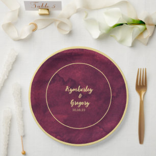 Chic Elegant Dark Burgundy Watercolor Gold Accent Paper Plates