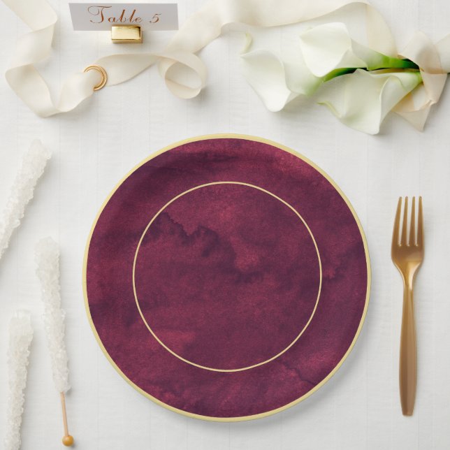 Chic Elegant Dark Burgundy Watercolor Gold Accent  Paper Plates (Wedding)