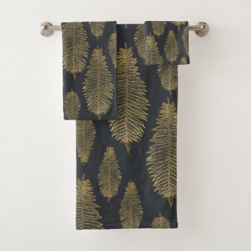 Chic Elegant Dark Gray Gold Fern Leaf Pattern Bath Towel Set