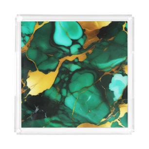 Chic Elegant dark green golden yellow Faux Marble Acrylic Tray