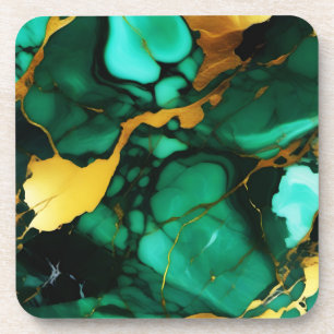 Chic Elegant dark green golden yellow Faux Marble  Beverage Coaster