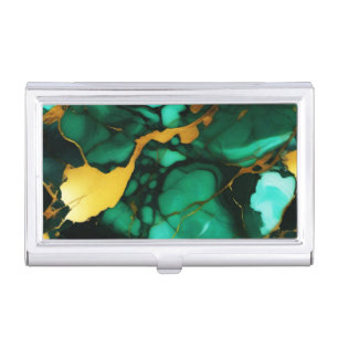 Chic Elegant dark green golden yellow Faux Marble Business Card Case