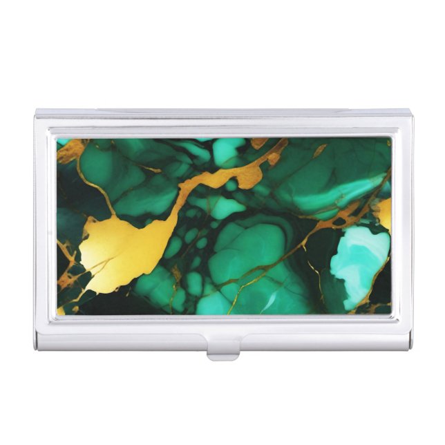 Chic Elegant dark green golden yellow Faux Marble  Business Card Case (Front)