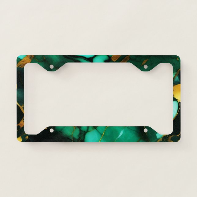 Chic Elegant dark green golden yellow Faux Marble  License Plate Frame (Front)