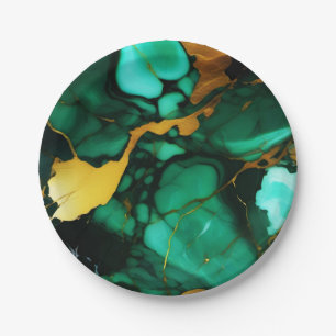 Chic Elegant dark green golden yellow Faux Marble  Paper Plates