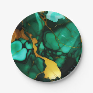 Chic Elegant dark green golden yellow Faux Marble Paper Plates
