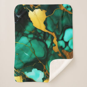 Chic Elegant dark green golden yellow Faux Marble Sherpa Blanket