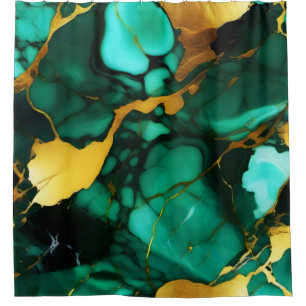 Chic Elegant dark green golden yellow Faux Marble  Shower Curtain