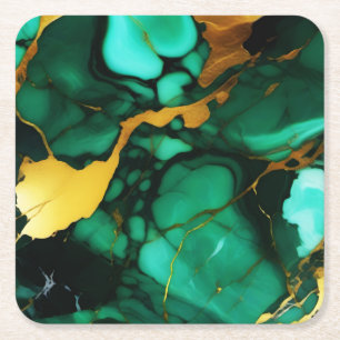 Chic Elegant dark green golden yellow Faux Marble Square Paper Coaster
