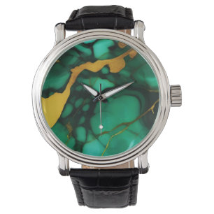 Chic Elegant dark green golden yellow Faux Marble Watch