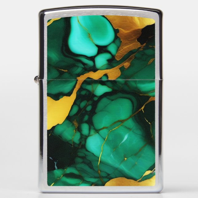 Chic Elegant dark green golden yellow Faux Marble  Zippo Lighter (Front)
