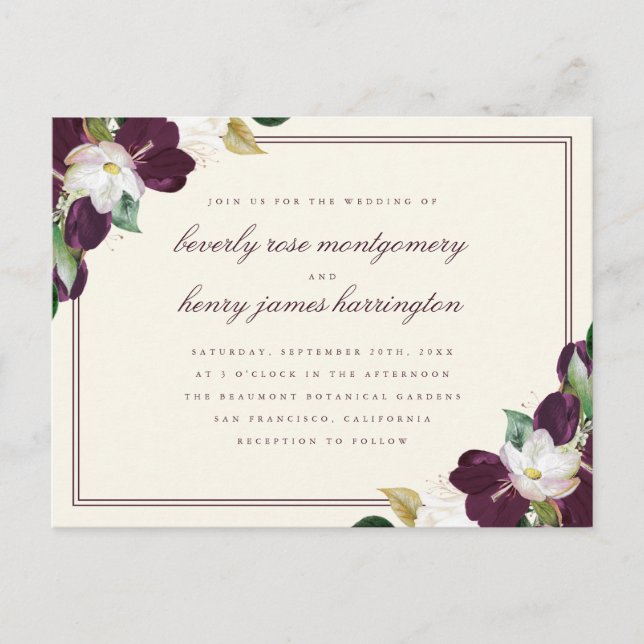 Chic Elegant Deep Purple & Ivory Floral Wedding Invitation Postcard (Front)