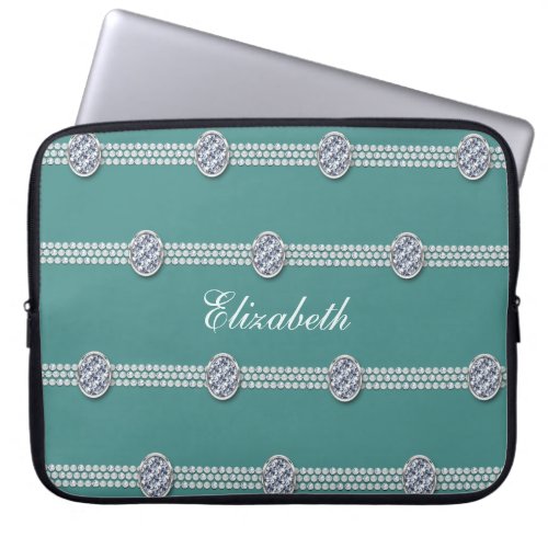 Chic Elegant Diamond Pearl  Teal Luxury Laptop Sleeve