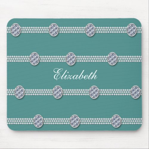 Chic Elegant Diamond Pearl  Teal Sparkle Mouse Pad