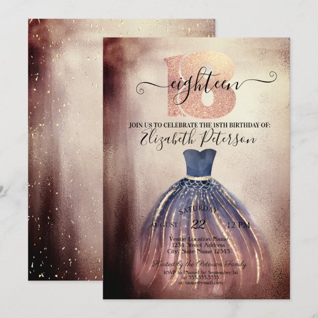Chic Elegant Dress 18th Birthday Party Invitation (Front/Back)