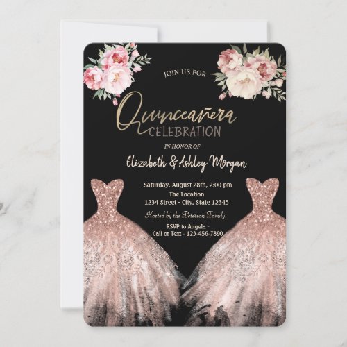 Chic Elegant Dress Floral Black Quinceanera Invitation
