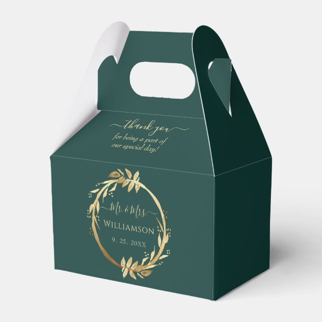 Chic Elegant Emerald Green Golden Foliage Wedding Favor Boxes (Front Side)