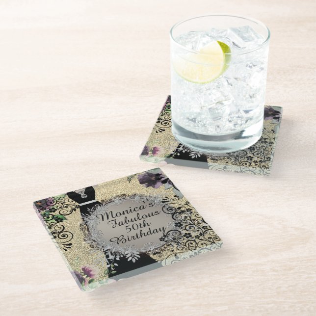 Chic Elegant Fabulous 50th Birthday       Glass Coaster (Angled)