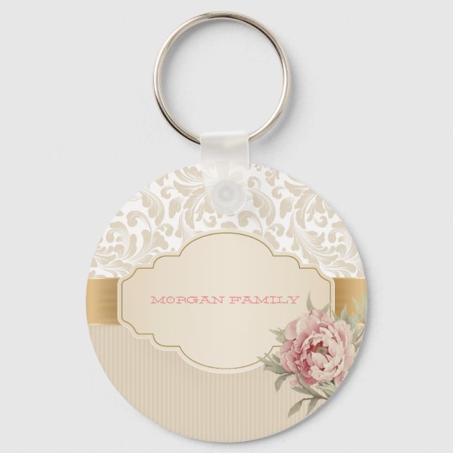 Chic Elegant Floral Damask Roses  Keychain (Front)