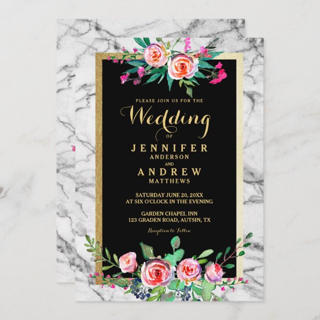 Chic Elegant Floral Marble Wedding Invite (Front/Back)