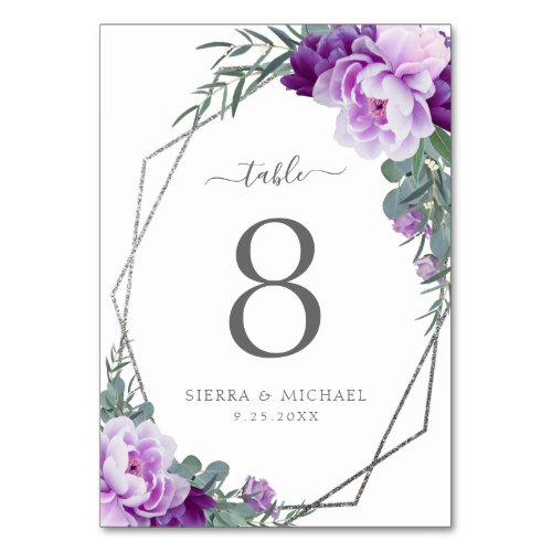 Chic Elegant Floral Purple  Silver Wedding Table Number