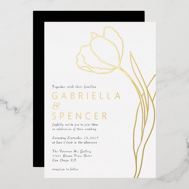 Chic Elegant Floral Tulip Gold Wedding Foil Invitation (Front/Back)