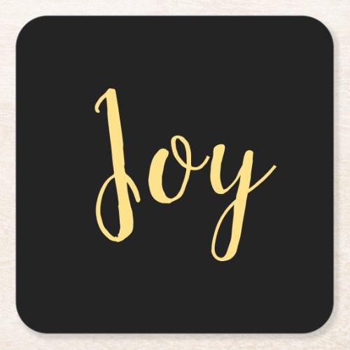 Chic Elegant Formal Black Yellow Gold Joy Script Square Paper Coaster