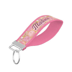 Chic elegant girly faux Glitter rose gold hexagons Wrist Keychain