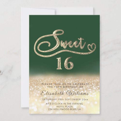 Chic elegant glam gold glittery ombre green invitation