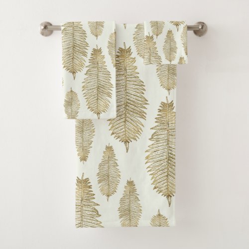 Chic Elegant Gold  Blush Sage Fern Leaf Bath Towel Set