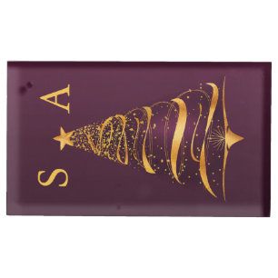 Chic Elegant Gold Christmas Tree Monogram Wedding Place Card Holder