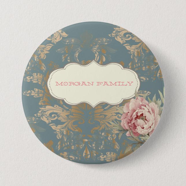 Chic Elegant Gold Damask Roses Button (Front)