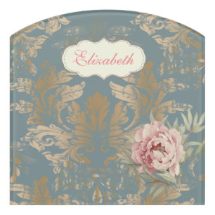 Chic Elegant Gold Damask Roses Door Sign