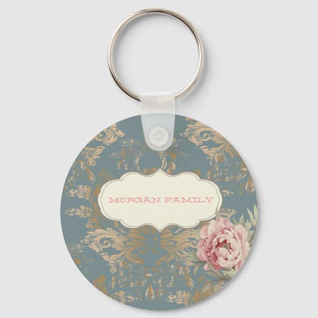 Chic Elegant Gold Damask Roses Keychain (Front)