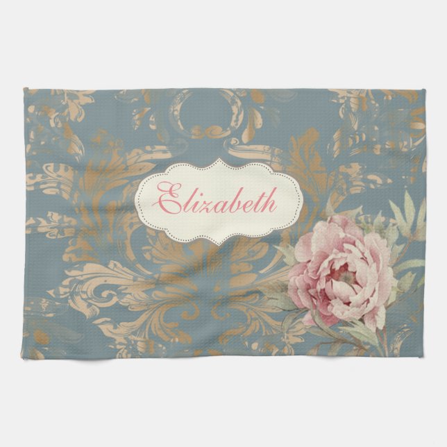 Chic Elegant Gold Damask Roses Kitchen Towel (Horizontal)