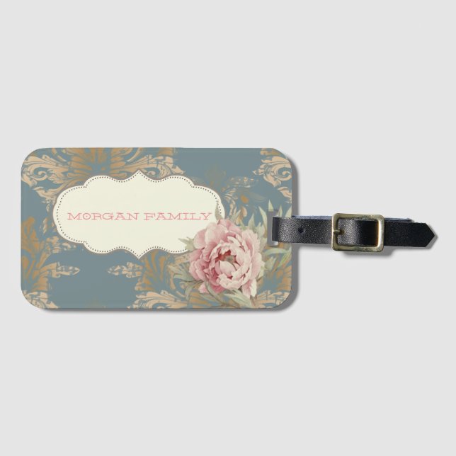 Chic Elegant Gold Damask Roses  Luggage Tag (Front Horizontal)