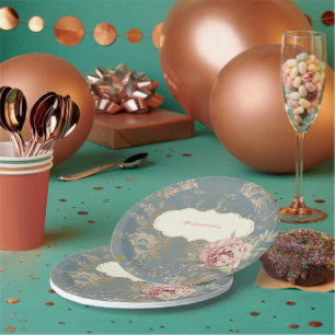 Chic Elegant Gold Damask Roses Paper Plates